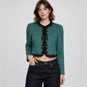 Vintage emerald green and black detail puff sleeve crop jacket top. MP